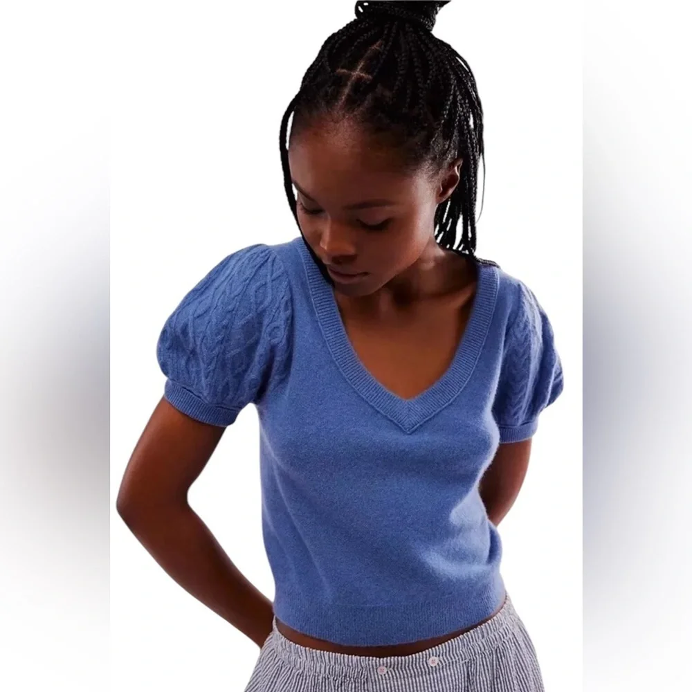 Free People Shirt Womens Annabel 100% Cashmere V Neck Indigo Blue Size Small - Picture 2 of 10